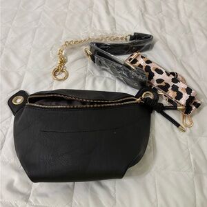Black Leather Crossbody Bag with Gold Accents